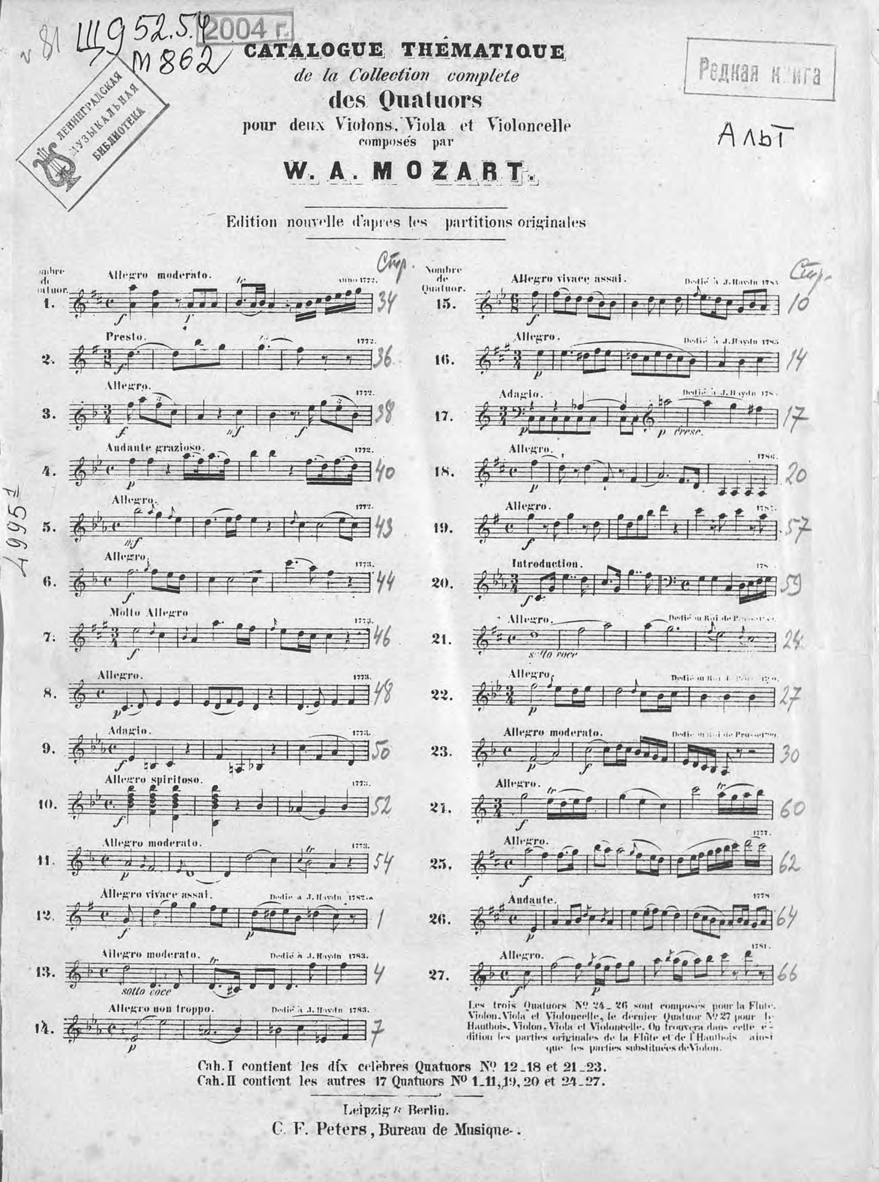 Обложка книги «Collection de quatuors pour 2 violons, viola et violoncelle par W. A. Mozart»