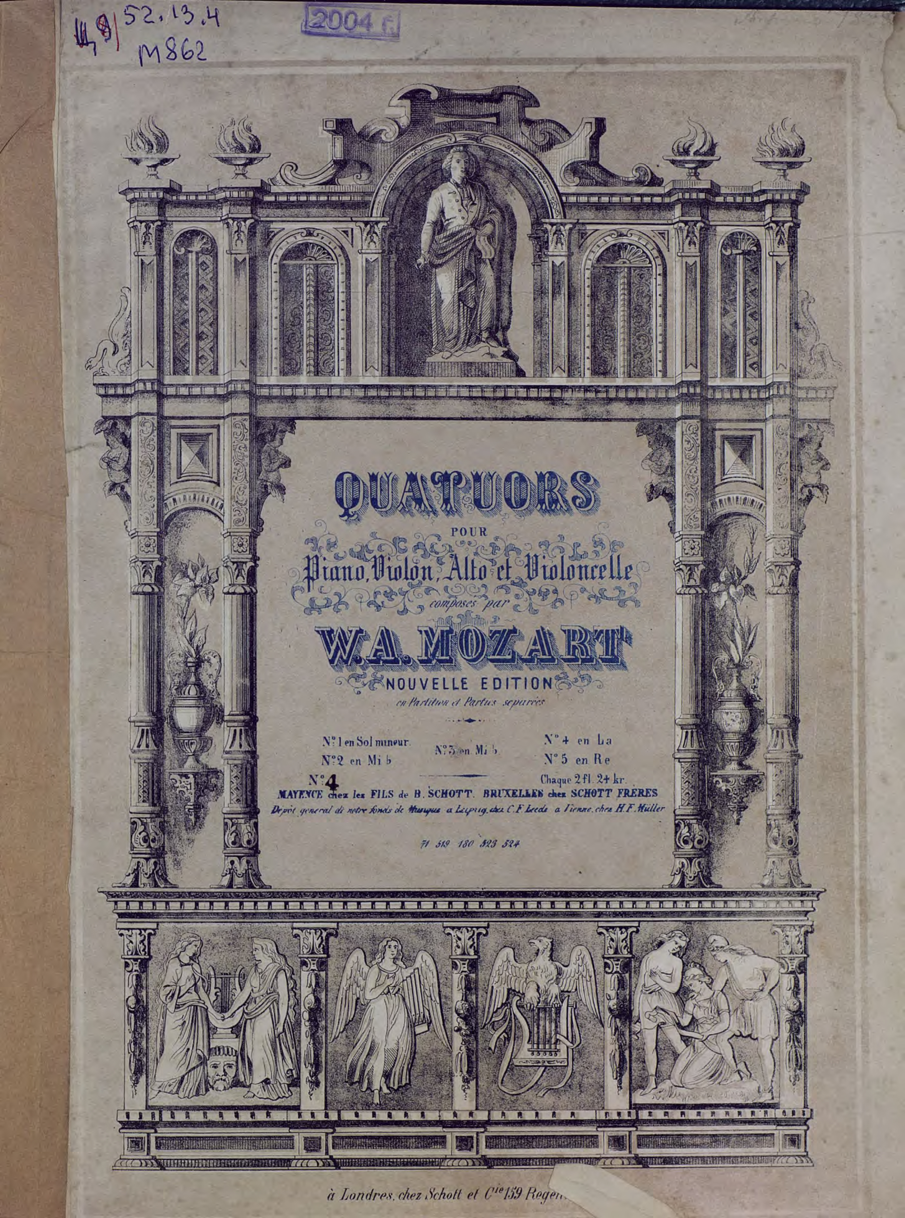 Обложка книги «Quatuor № 4 pour Piano, Violon, Alto et Violoncelle composes par W. A. Mozart»