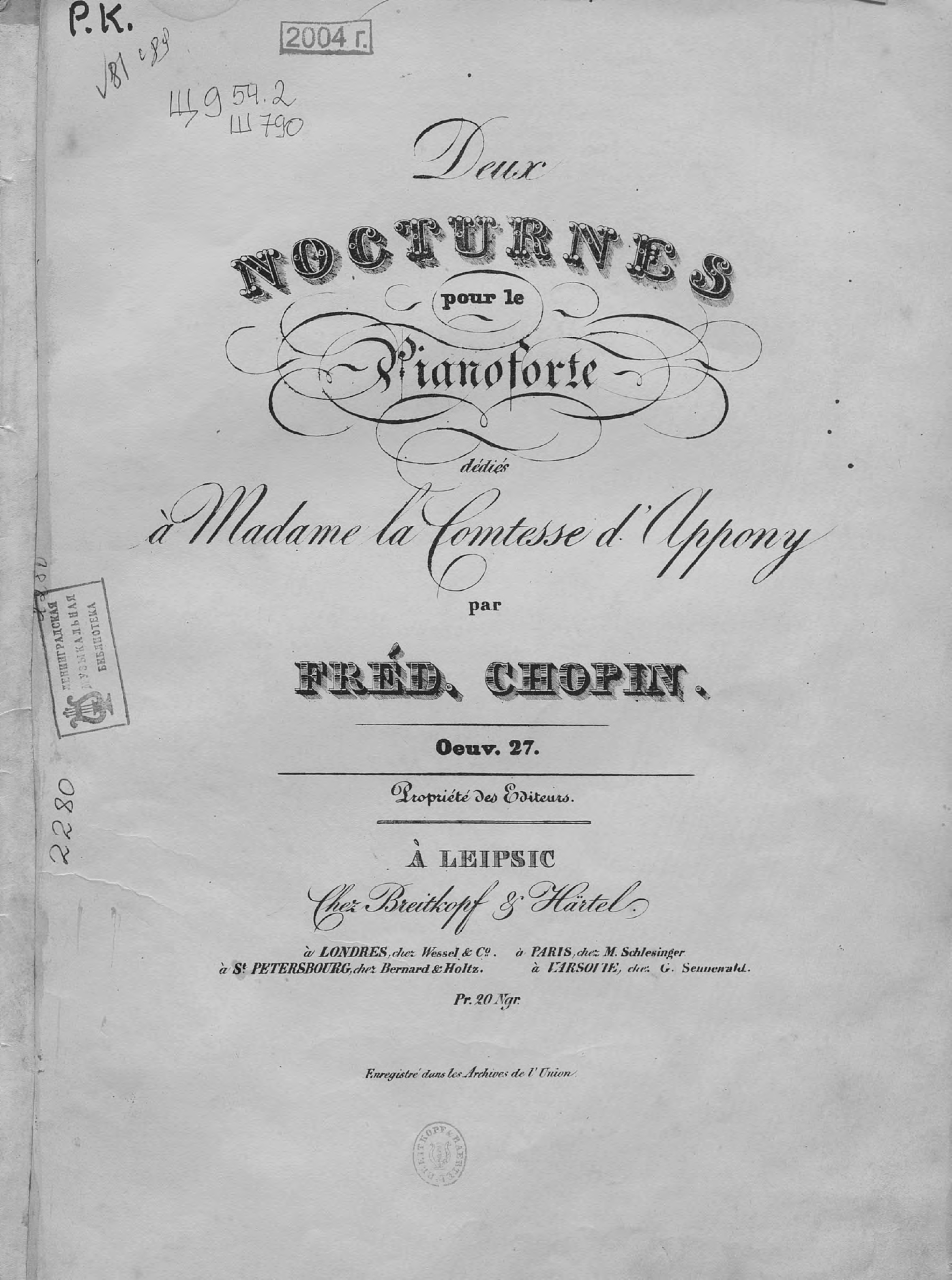 Обложка книги «Deux nocturnes pour le pianoforte par Fred. Chopin»