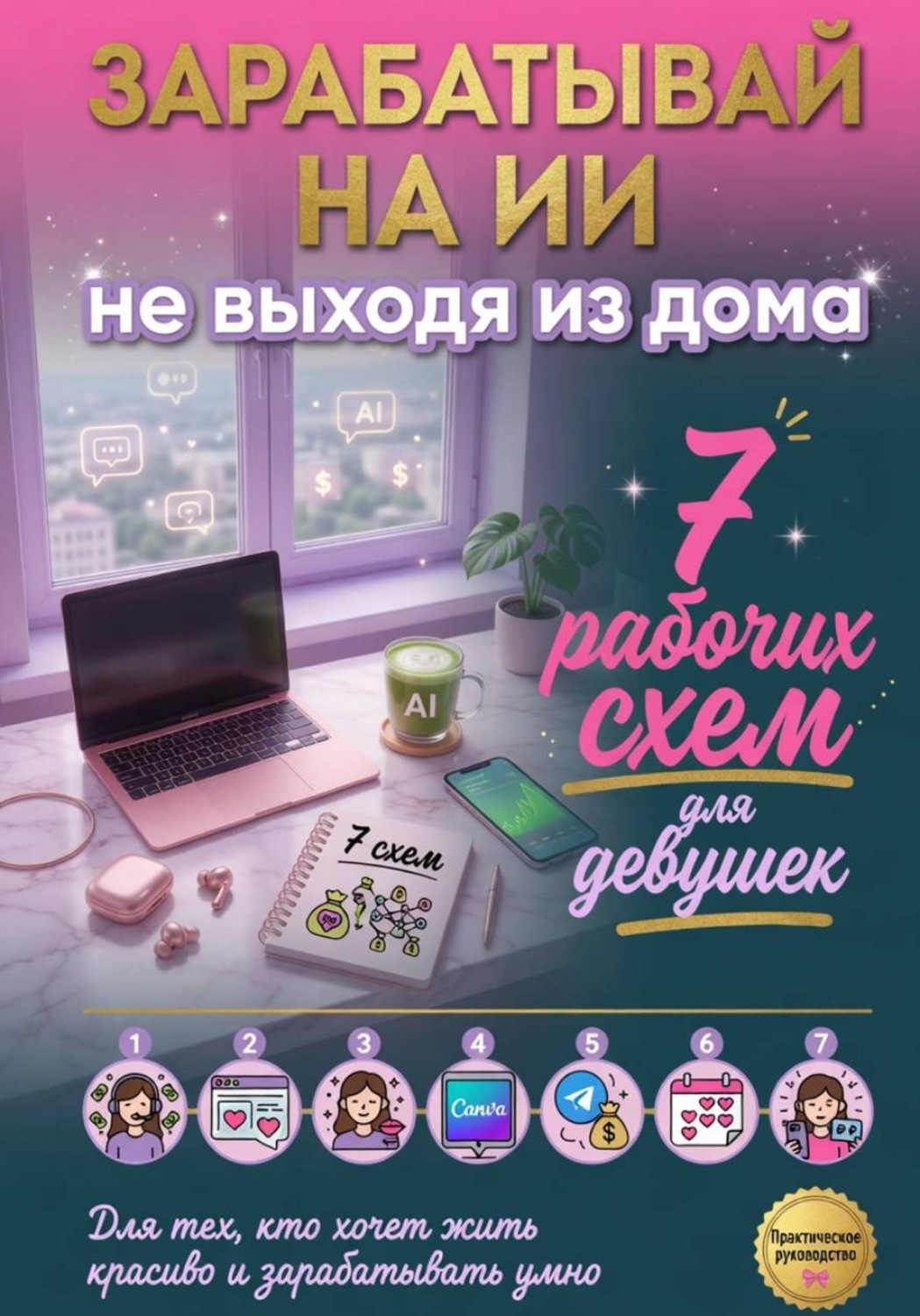 Обложка книги «Зарабатывай на ИИ, не выходя из дома. 7 рабочих схем для девушек»