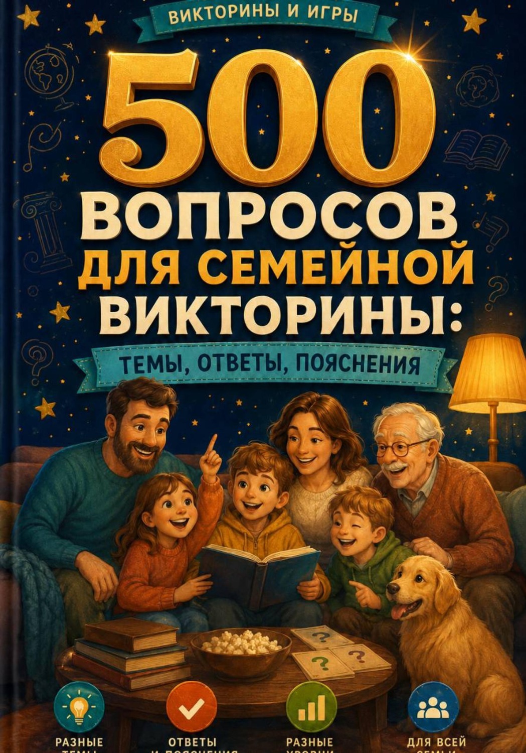 Обложка книги «500 вопросов для семейной викторины: темы, ответы, пояснения»