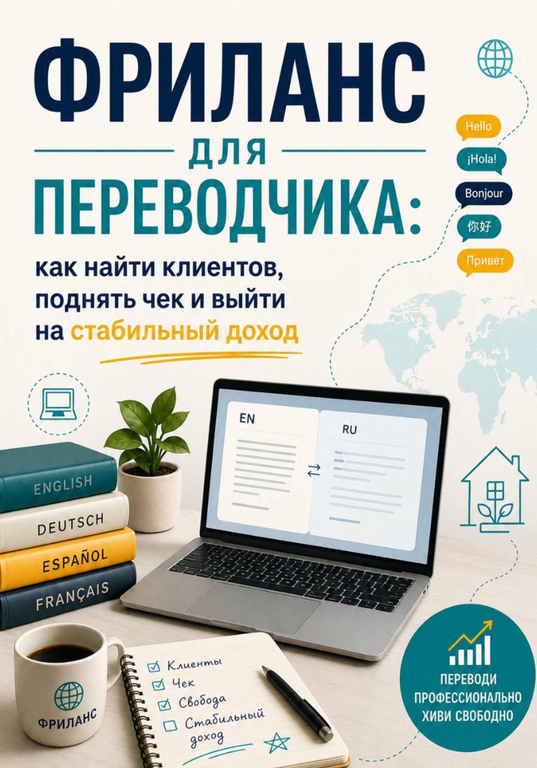 Обложка книги «Фриланс для переводчика: как найти клиентов, поднять чек и выйти на стабильный доход.»