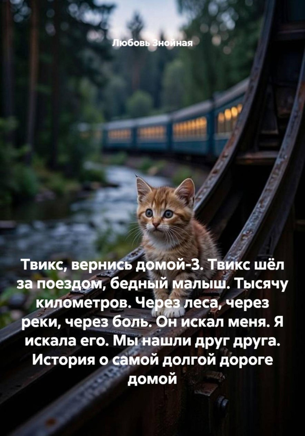 Обложка книги «Твикс, вернись домой-3. Твикс шёл за поездом, бедный малыш. Тысячу километров. Через леса, через реки, через боль. Он искал меня. Я искала его. Мы нашли друг друга. История о самой долгой дороге домой»