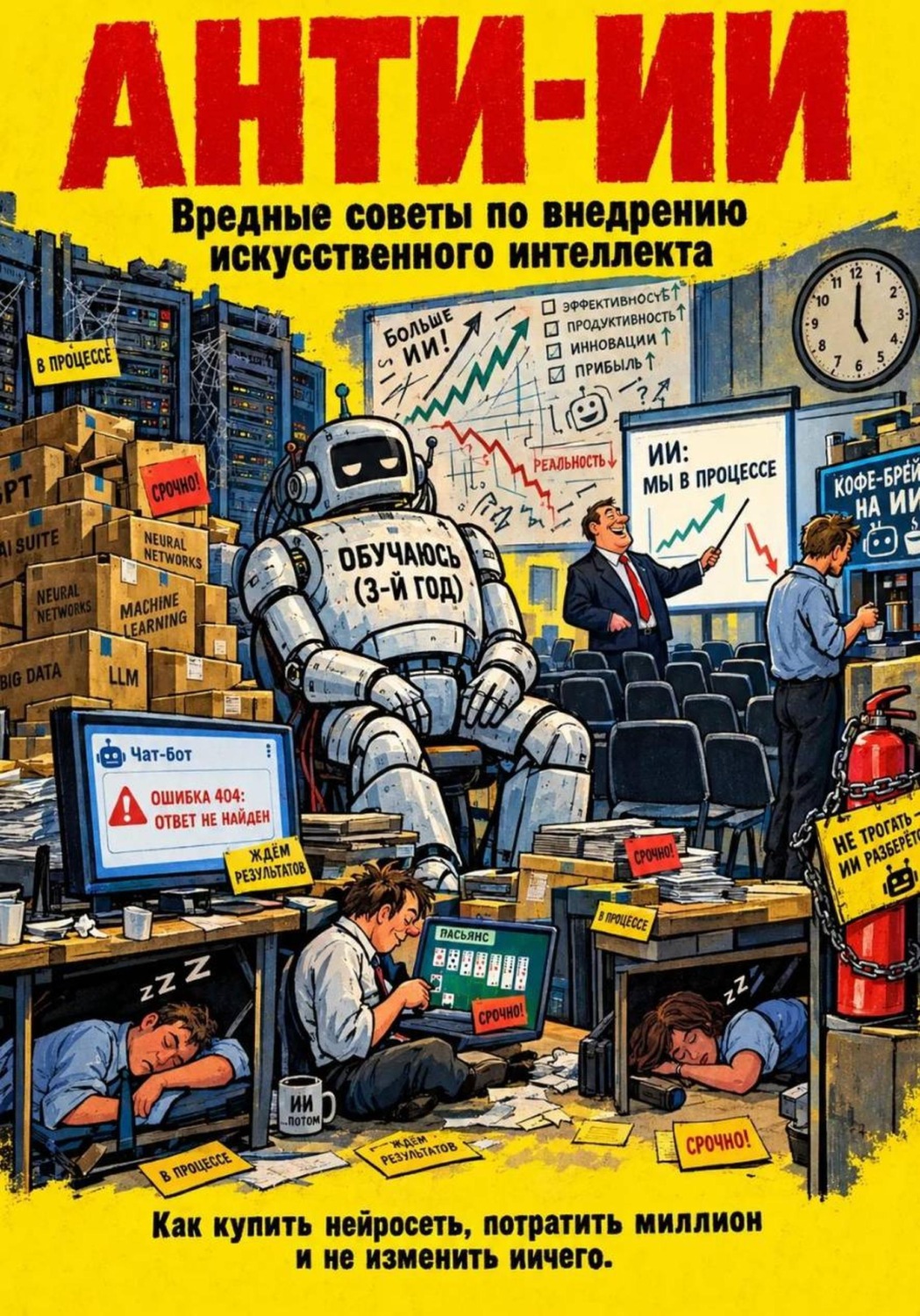 Обложка книги «Анти-ИИ. Вредные советы по внедрению искусственного интеллекта (Как купить нейросеть, потратить миллион и не изменить ничего)»